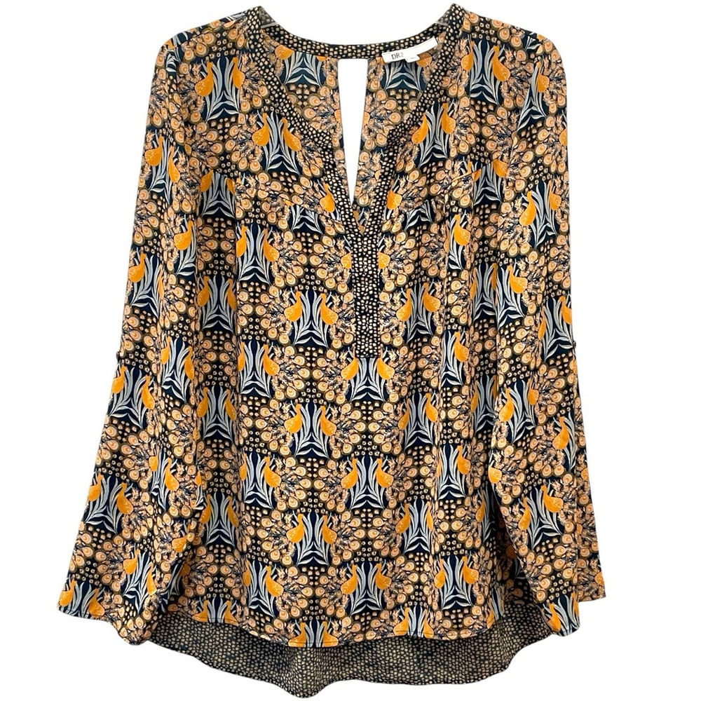 DR2 Daniel Rainn Womens Size Large Tunic Top Floral Roll Tab Sleeve Keyhole Back